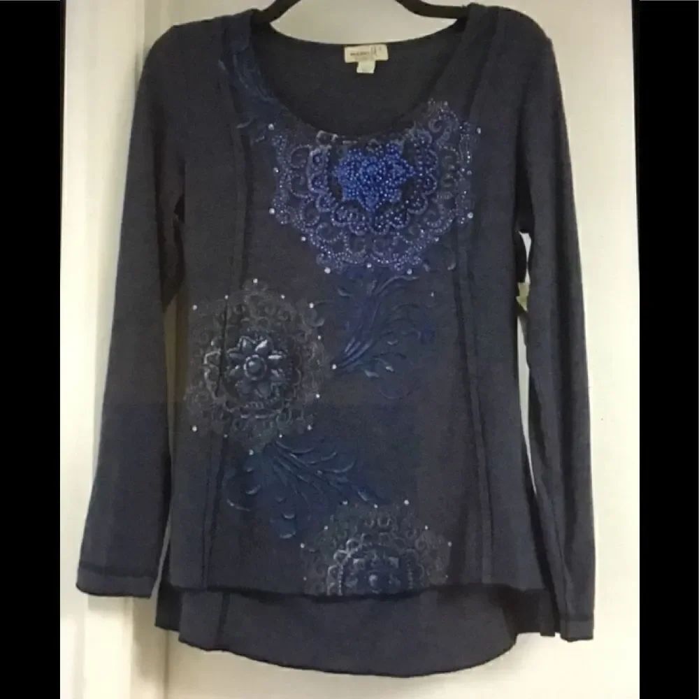 ONE WORLD Heather Blue Sequin Soft Knit Top Sz S